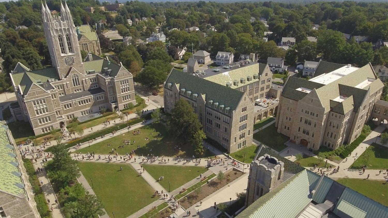 Aerial photo of Gasson Hall and city of Boston