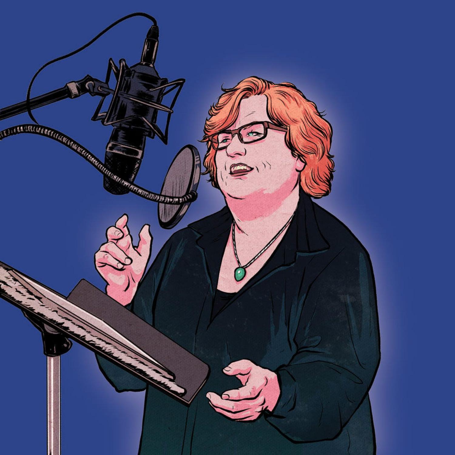 Illustration of Maile Flanagan speaking into a microphone..